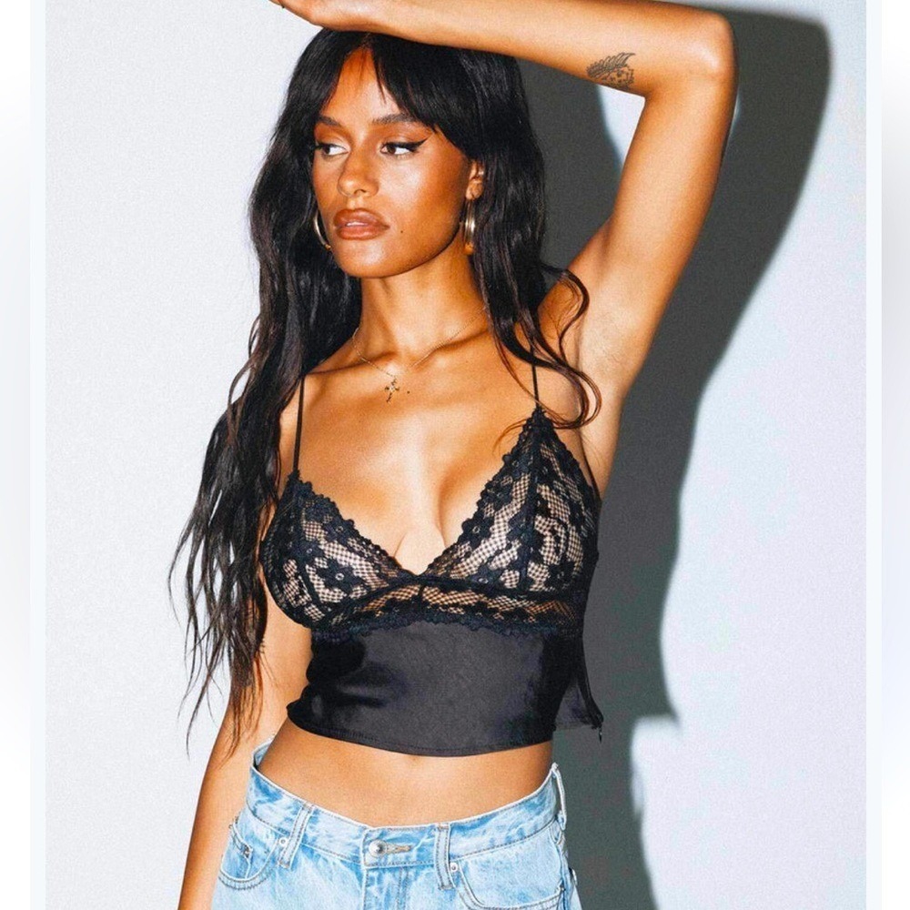 Princess Polly Black Lace Silky Cropped Cami Top Sheer Plunging Neck US 4